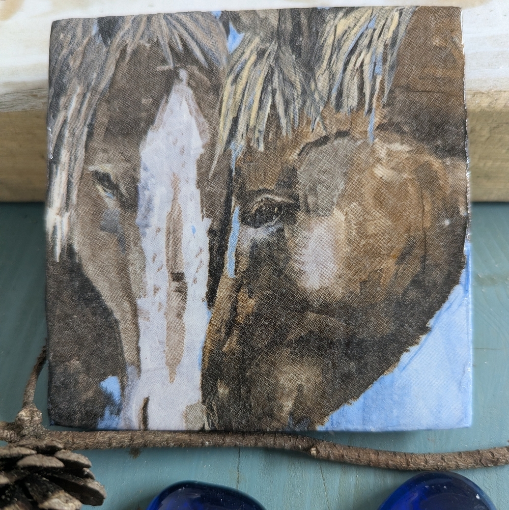 Decoupaged And Glazed Ceramic Tile Handcrafted Equestrian Horses 4"x4"